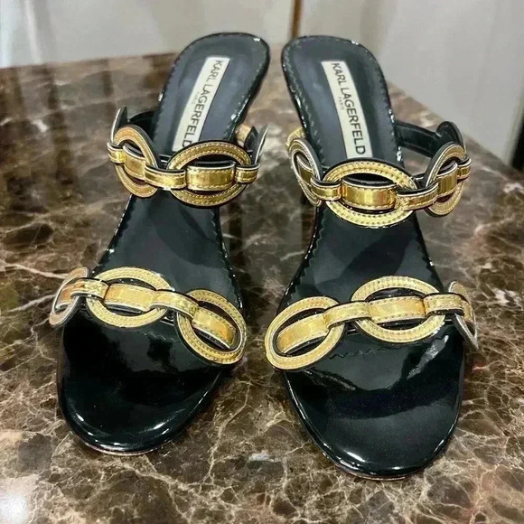 Karl Lagerfeld Dalya Slide Sandal Black/Gold Size 7.5 - Picture 4 of 7
